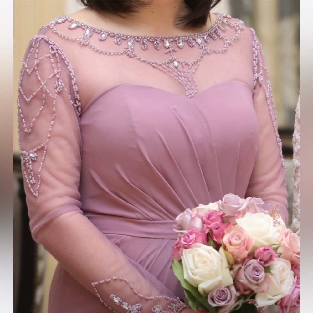 Formal Wedding Bridesmaid Beaded Illusion Sheer Lavender Rose Gown Size 10